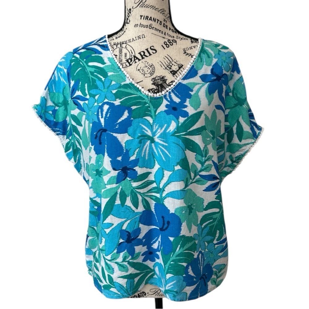 Emily Daniels Floral Tropical Linen Blend Dolman Sleeve Cropped Summer Top
